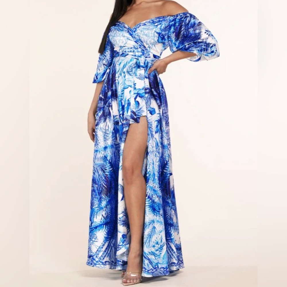 L'ATISTE Blue and White Leaf Print Dress